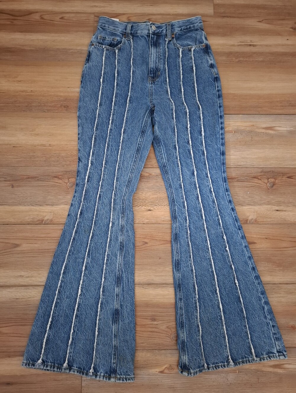 PacSun High Rise Vertical Striped Frayed Seam Flare Jeans Blue Size 28